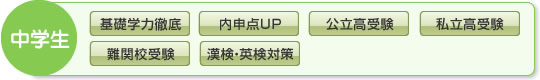 中学生「基礎学力徹底」「内申点UP」「公立高受験」「私立高受験」「難関高受験」「漢検・英検対策」